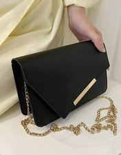 Sac À Main À Bandoulière Noir En Similicuir Femme Épaules Mode Chaine Doré Or FR