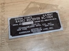 plate plaque radio us ww2 BC1004  scr 300 ... jeep  willys dodge gmc