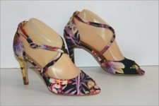 ELSA DUCCI Sandales Toile Imprimée Violette Rose Talons Fins T 37 TTBE