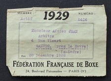 Carte de membre FEDERATION FRANCAISE DE BOXE 1929 Arbitre Adrien Jean