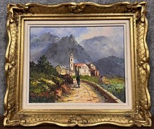 Jacques DUFLOT : Joli tableau huile sur toile village animé en montagne