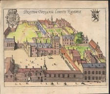 1659 Gravure aquarellée Bruges Palais Monument Flandre Belgique