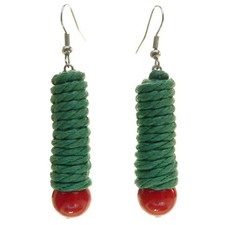 Boucles d'oreilles pendantes CORDE coton ciré VERT et perle pierre ROUGE