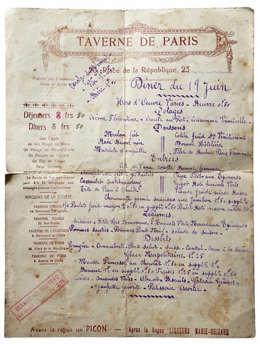 Menu ancien taverne paris - menu, de
