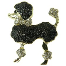 Broche petit chien caniche noire noir doré métal cristal collier noeud papillon