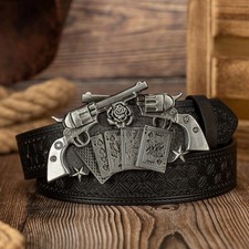 Ceinture Cuir PU Homme Noir 120cm Pistolet Gun Cowboy Western Colt Marron Poker