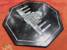 Sculpture Taj Mahal Plat Marbre Noir Pietra Dura Pierres semi-précieuses Inde T