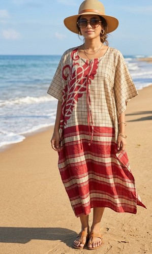 Gray red checked kaftan dress - gray,