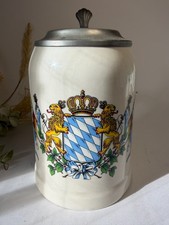 Chope à bière blanche Allemande - Couvercle en étain plat - Blason de la Bavière