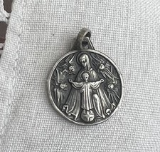 Antique French Medal Modern Jesus Mary Angels Pendant Silver ¾” Round Mother’s