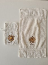 Gant de toilette et petite serviette assorties, Lozère beige, Cardabelle fleur