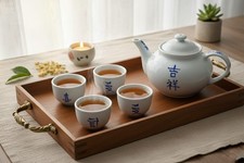 Service à Thé Chinois 10 Pièces en Porcelaine Bleu & Blanc, Décor Caractères Aus