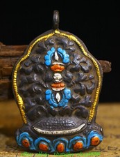 3''Old Tibet Bronze Gilt Painting Feng Shui Exorcism Dorje Vajra Amulet Pendant
