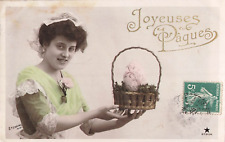 CP EMAILLOGRAPHIE PAQUES FEMME COIFFE DENTELLE PANIER OEUF DECORE - 92710