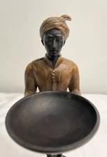 RARE ANCIENNE STATUE SERVITEUR ORIENTAL EN BRONZE POLYCHROME AVEC PLATEAU H28 cm