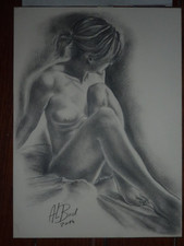dessin original à la mine de plomb sur carton pin up nue signée Alain Bedu 2014