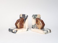 Serre-livres Art déco en marbre blanc et onyx brun, Mid Century Modern