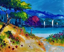 Toile originale de NOLAC 41x33 cm 3 voiles au paradis turquoise