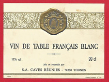 116-26 Etiquette Vin Table Blanc Pressoir S.A. CAVES RÉUNIES 74230 THÔNES 99 cl