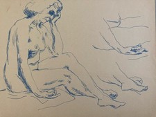 Très Beau Dessin Lavis Encre Femme Nue Assise Dos Nu Erotique 1945 A Identifier