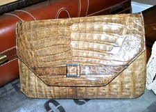 Sac pochette vintage 1970 en cuir et crocodile - Couleur beige camel