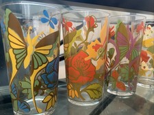 RARE LOT 6 ANCIENS VERRES ORANGEADE ANNÉES 70 ART DECO DESIGN PAPILLONS FLEURS?