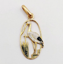 Pendentif vintage or 18k cigogne émaillée