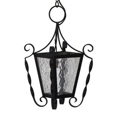 Suspension Lanterne Ancienne en Fer Forgé & Verre Lustre vers 1960