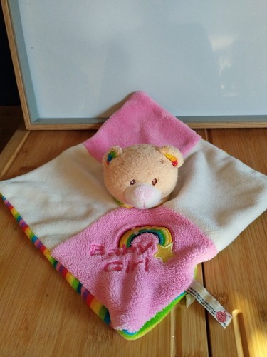 Doudou plat ours blanc rose