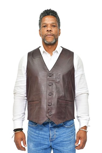 Gilet cuir brun doux - gilet, en