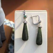 Boucles d'oreilles Dormeuse Argenté Goutte Jade Vert Foncé CZ Vert Art Deco SC2