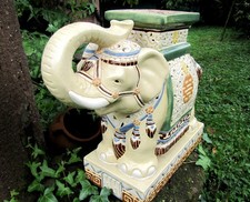 Ancien Grand Éléphant Porte Plante en Céramique Émaillée Vintage