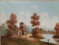 Huile sur toile fin XIXe début XXe siècle  " Paysage lacustre animé "