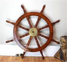 Grand volant de bateau 36 pouces en bois ancien teck laiton bateau pirate nau...