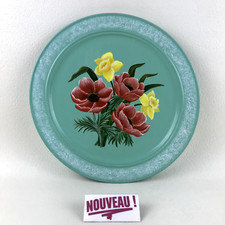 ➜Plateau/assiette rond en bois peinture à l'huile SIGNÉ bouquet de fleurs floral