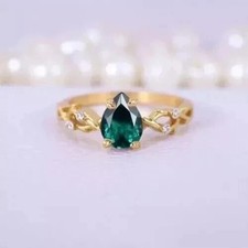 14k or Jaune Plaqué 3.00Ct Poire Coupe Simulé Émeraude Femmes Fiançailles Bague