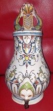RARE FONTAINE POLYCHROME FAIENCE DE ROUEN MASCARON COQUILLE DAUPHINS 18 ème