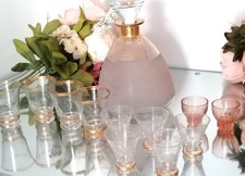 Service à liqueur Verre Granité filet or Vintage 50 - Carafe et 9 verres 