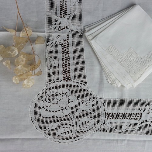 Nappe ancienne filet lin - nappe, de