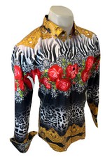 Bouton Bas Chemises Hommes Baroque Manches Longues Léopard Noir Roses Serpent