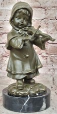 Main Fabriqué Bronze Sculpture Statue Fille à Jouer Violon Signée La Œuvre