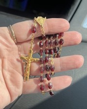 Antique French Rosary Chaplet Glass Dark Red Gold Confirmation 18” Art Deco