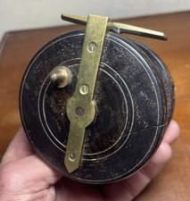 Ancien Moulinet De Pêche À Truite En Bois Exotique À Mécanisme Roulements 