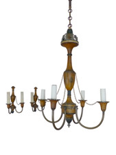 RARE Set French Antique Chandelier + Pair Wall Lights Wood Empire late 19TH