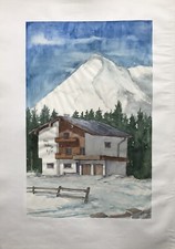Aquarelle Paysage D'Hiver Avec Chalet De Ski Montagnes Enneigées Alpes KL79