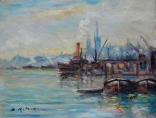 Très belle HST de BRUNO RETAUX  " le port de Rouen"