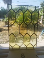 Vitrail Ancien, Verre Bullé, Tons Jaunes/Verts. Possibilité Plusieurs! 33.5x51