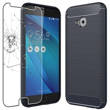 Coque Asus Zenfone 4 Selfie Pro Etui Gel Motif Carbone + VERRE Trempé Bleu Foncé