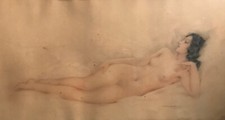 Tableau Fusain / Aquarelle - NU - FEMME ENDORMIE - par Léon LAUNAY ( 1890-1956 )