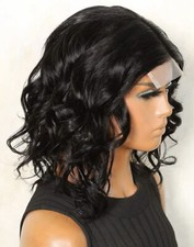 Perruque Naturelle Bouclé Noir Femme Courte Lace Wig 4x4 Dentelle 30cm +Cadeau